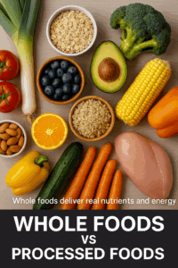 Whole foods vs processed foods comparison - fresh vegetables and grains