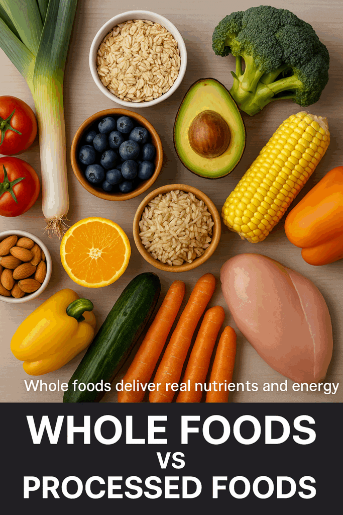 Whole foods vs processed foods comparison - fresh vegetables and grains